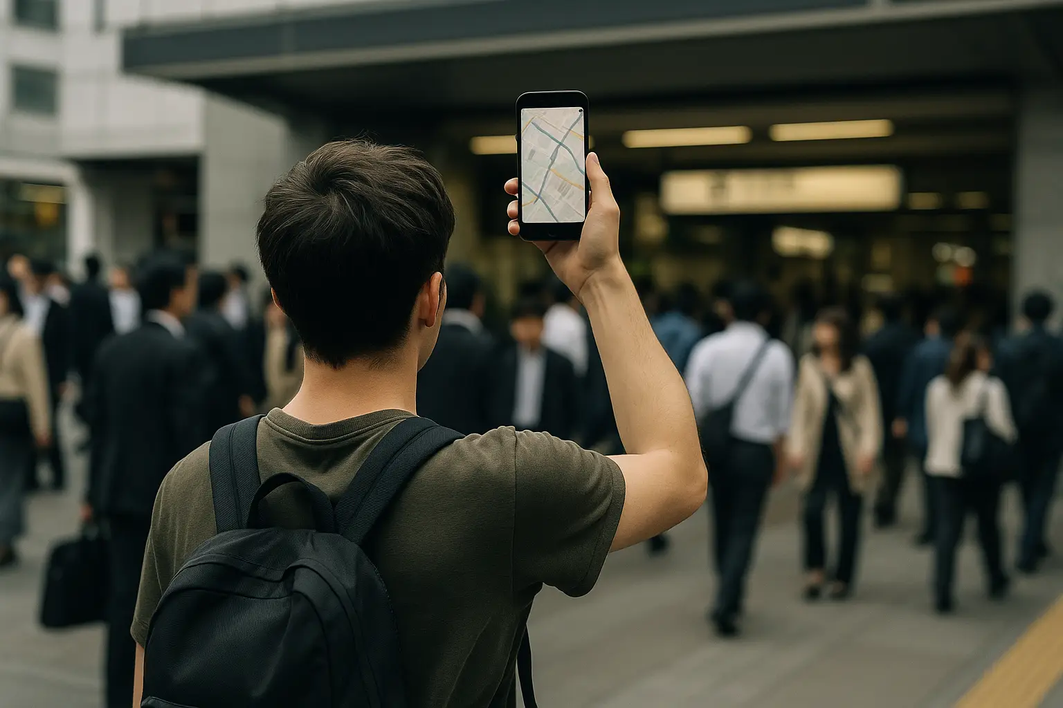 Viajero de espaldas consultando el mapa en su celular frente a una estación de tren japonesa con gente caminando