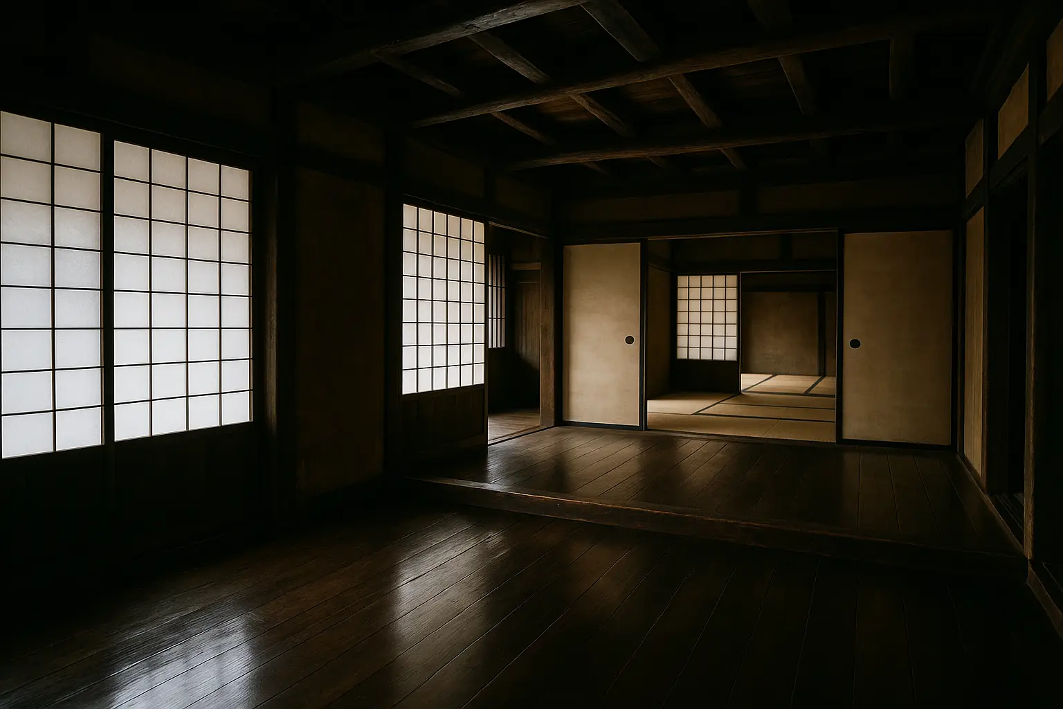 Interior de una casa japonesa antigua con suelo de madera y paneles shoji, ambiente histórico del periodo Edo