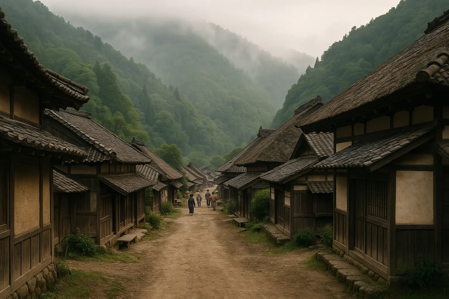 Pueblo tradicional japonés de madera del periodo Edo entre montañas, escenario rural de los antiguos clanes shinobi de Iga