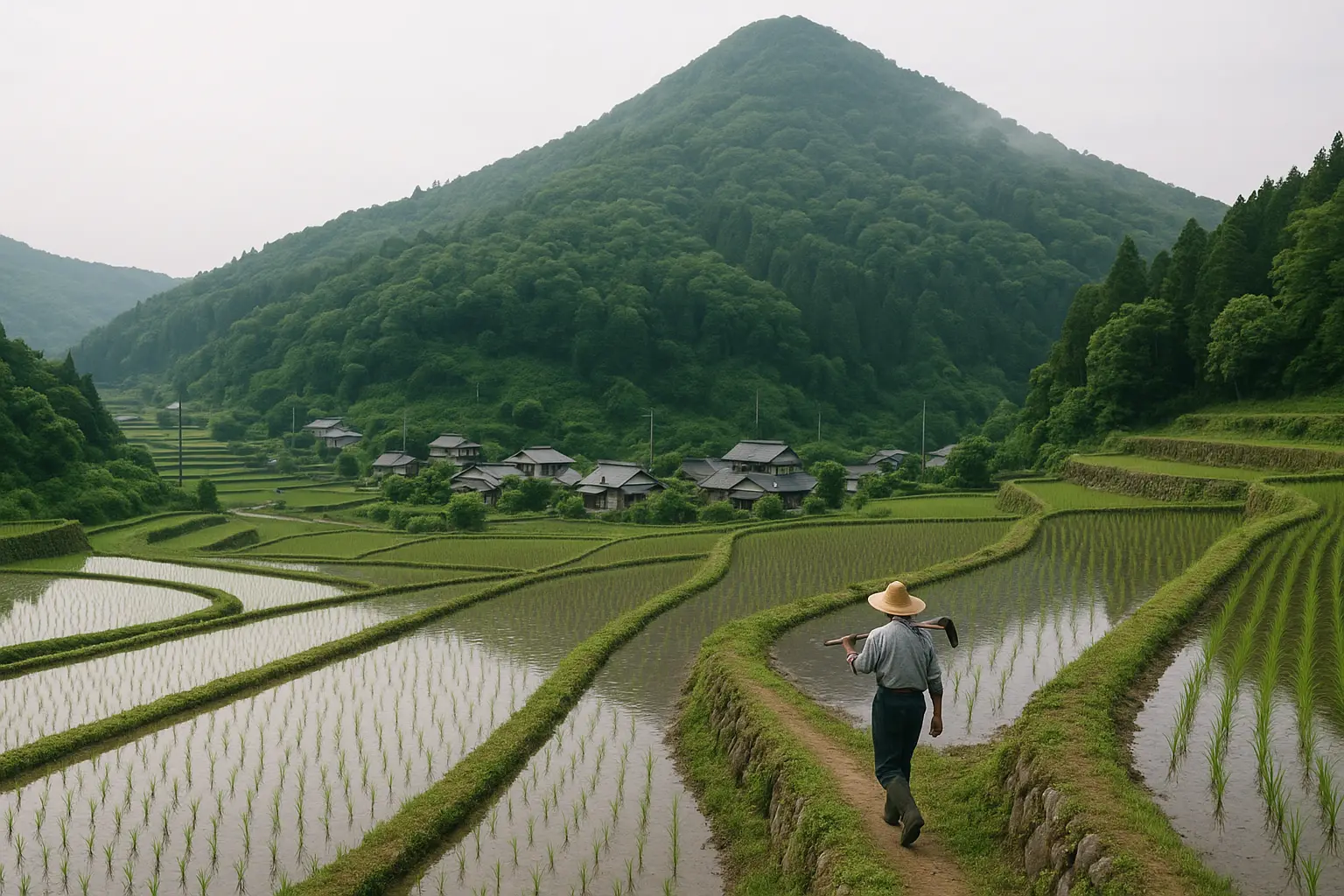Arrozales en terrazas al pie de una montaña boscosa junto a una aldea japonesa de tejados grises