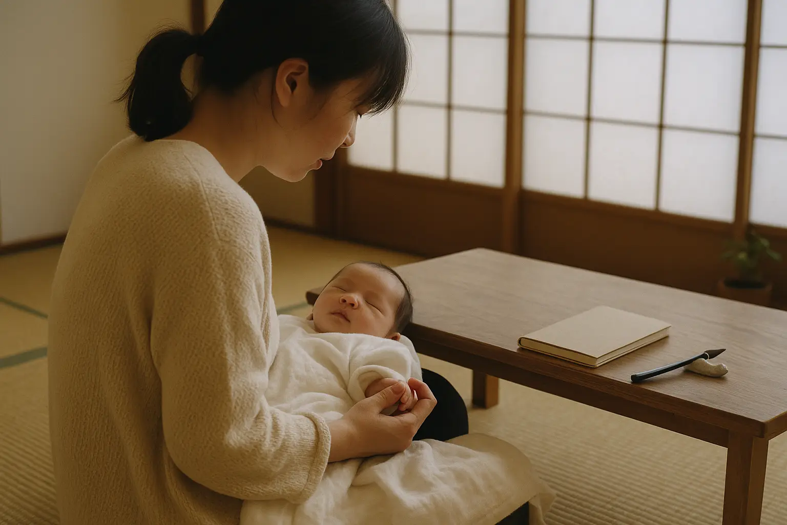 Madre japonesa sentada en una habitación de tatami sosteniendo la mano de su bebé recién nacido