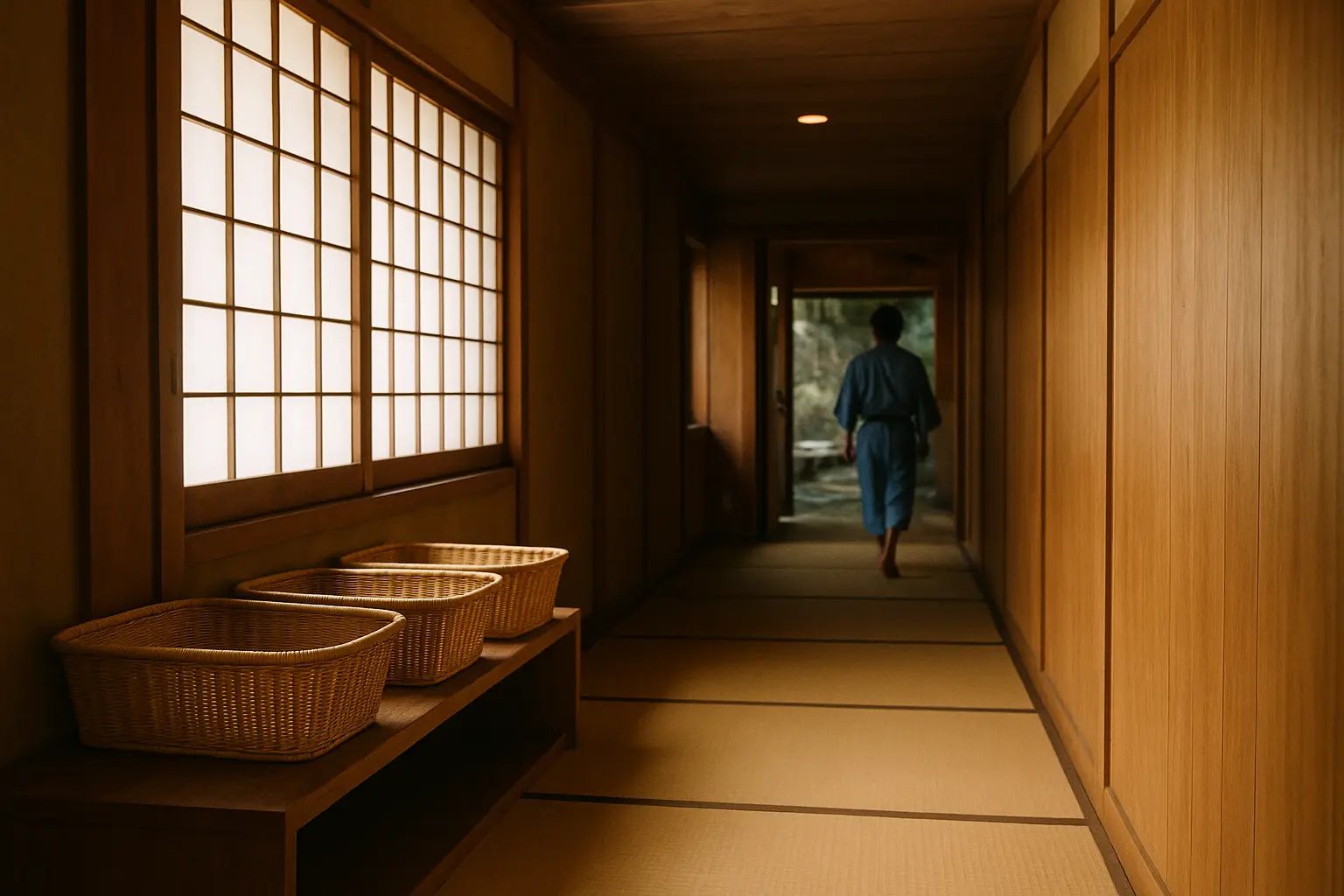 Pasillo de un ryokan tradicional japonés con suelo de tatami y cestas de mimbre, ambiente sereno camino al onsen