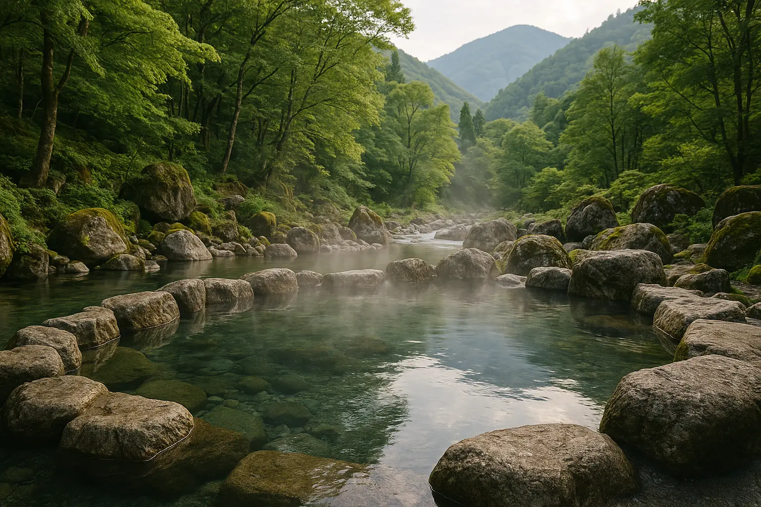 Onsen al aire libre de piedra (rotenburo) rodeado de naturaleza con vapor subiendo del agua termal en Japón