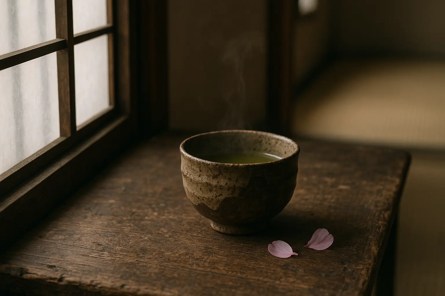Cuenco de té japonés de cerámica rústica sobre una mesa de madera envejecida junto a una ventana de papel, estética wabi-sabi