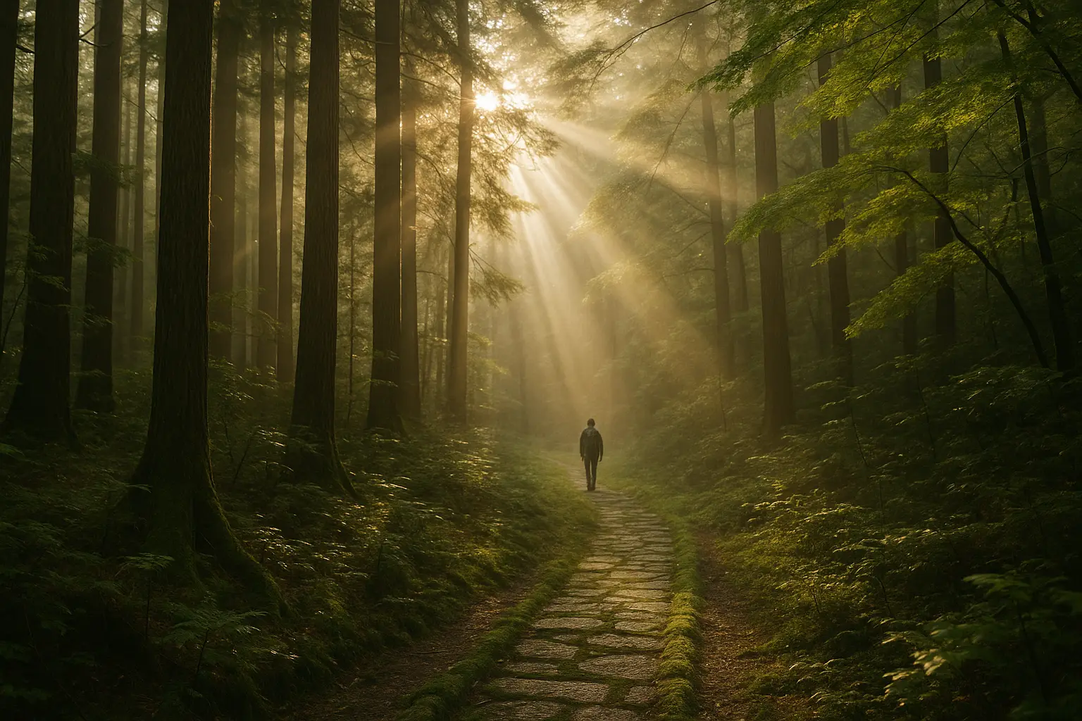 Rayos de sol filtrándose entre los árboles de un bosque japonés, el fenómeno que en japonés se llama komorebi