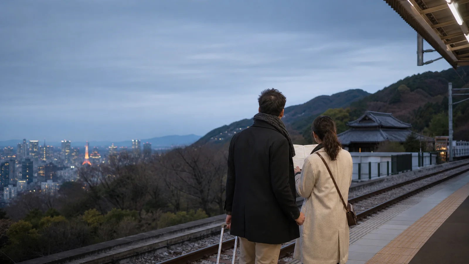 Viajeros consultando una ruta ferroviaria durante un recorrido por Japón