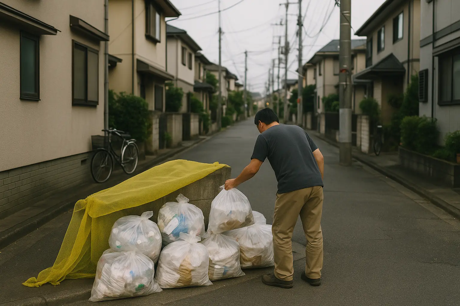 Punto de recogida de basura en un barrio japonés con bolsas transparentes ordenadas bajo una red contra cuervos