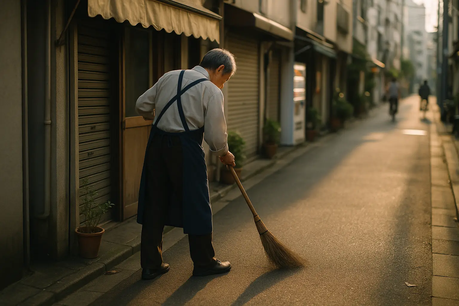 Comerciante japonés barriendo la entrada impecable de su tienda por la mañana en una calle comercial de Japón
