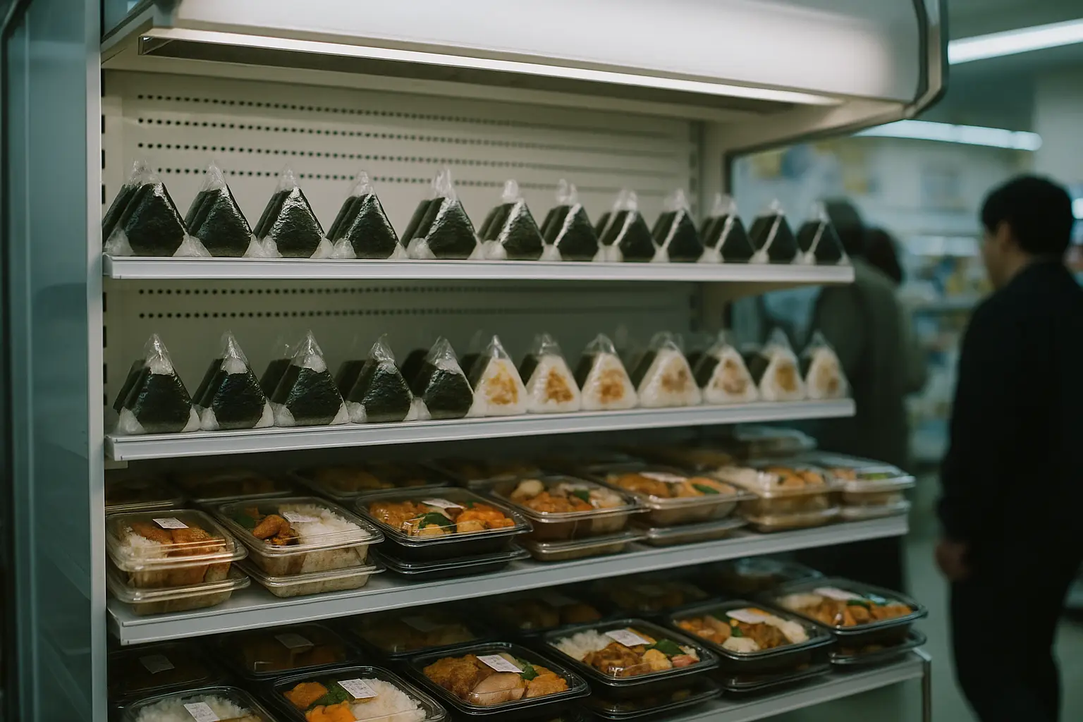 Estante refrigerado de un konbini japonés bien surtido de onigiri y bento listos para llevar