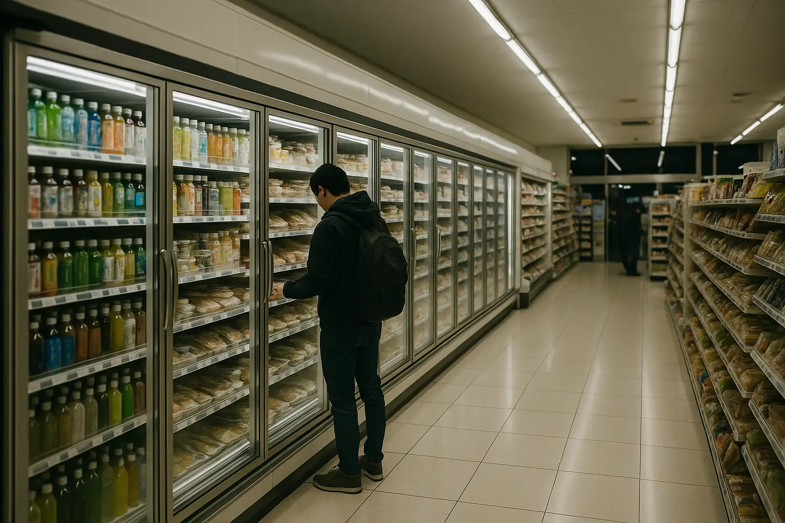 Interior iluminado de un konbini japonés con un cliente eligiendo productos frente a las estanterías refrigeradas