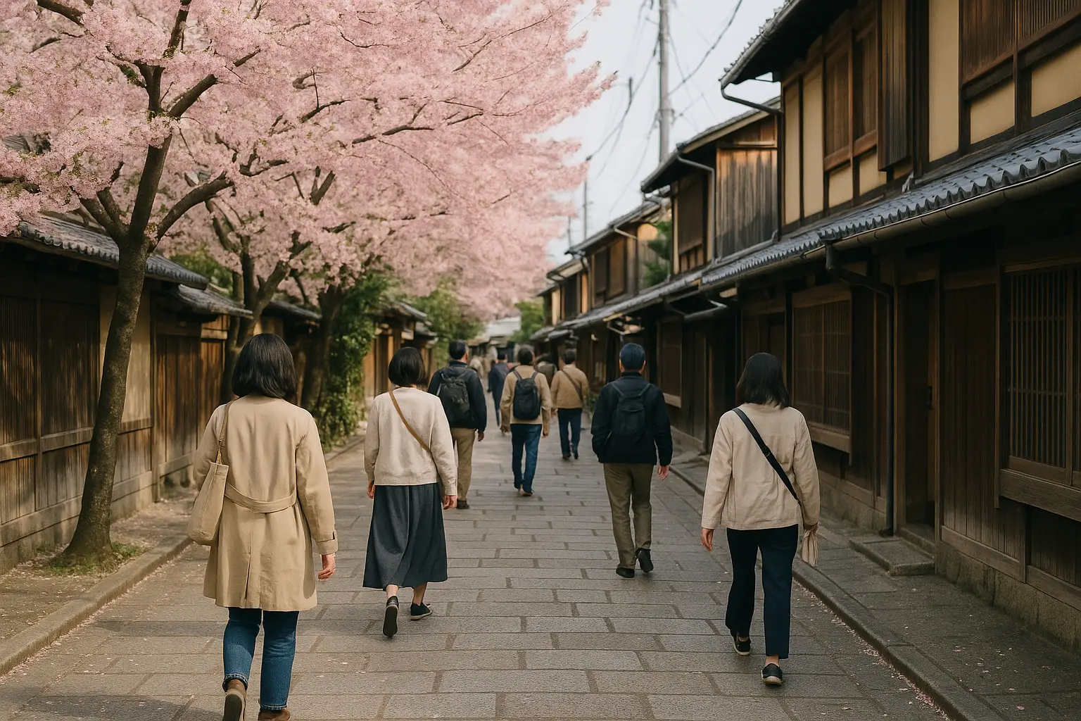 Calle de Kioto con cerezos en flor en primavera y gente caminando con ropa ligera