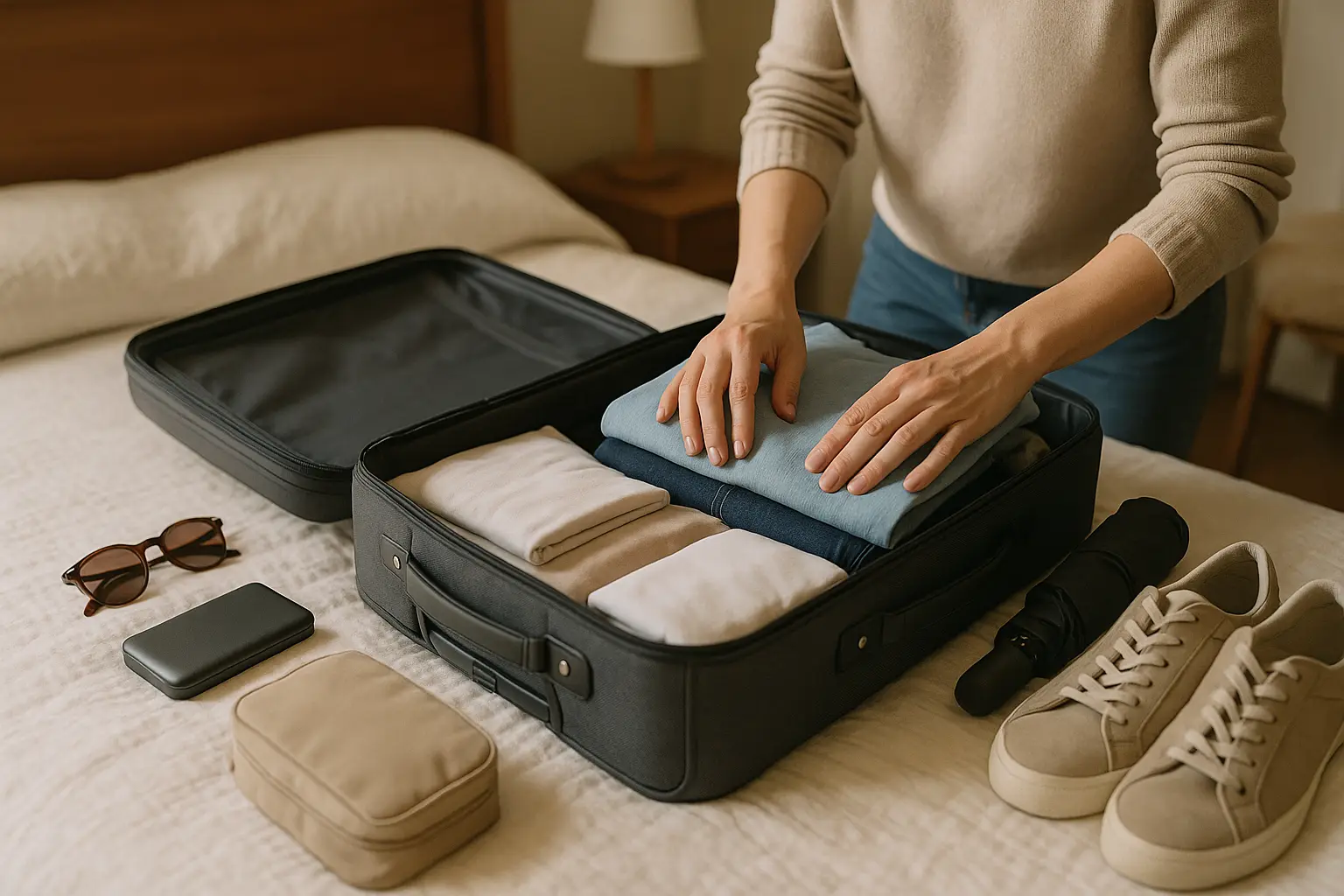 Viajero preparando una maleta abierta sobre la cama con ropa doblada y artículos de viaje para Japón