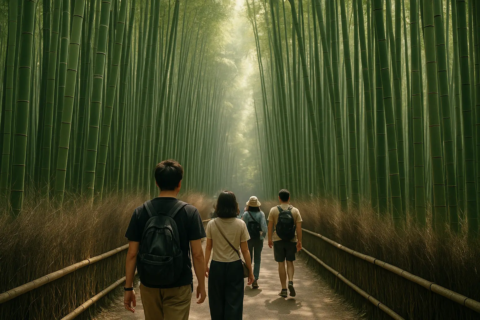 Sendero del bosque de bambú de Arashiyama en Kioto con altas cañas verdes y visitantes paseando