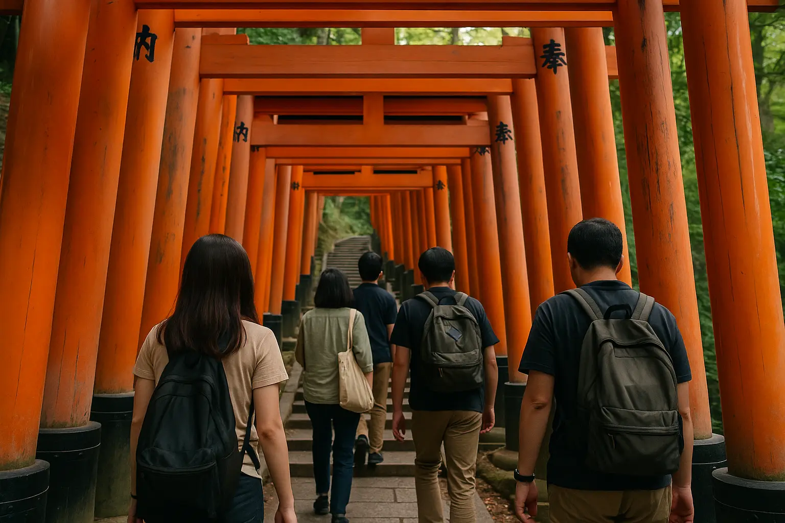 Sendero de miles de toriis rojos del santuario Fushimi Inari en Kioto con visitantes caminando entre las puertas