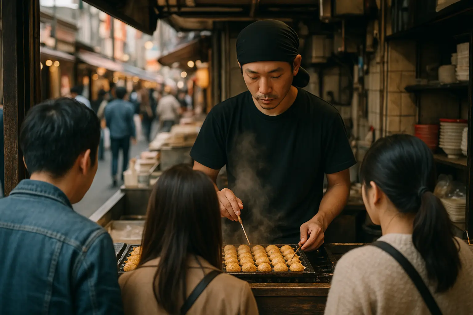 Puesto callejero de takoyaki en Osaka con el cocinero dándoles la vuelta en la plancha mientras los clientes esperan