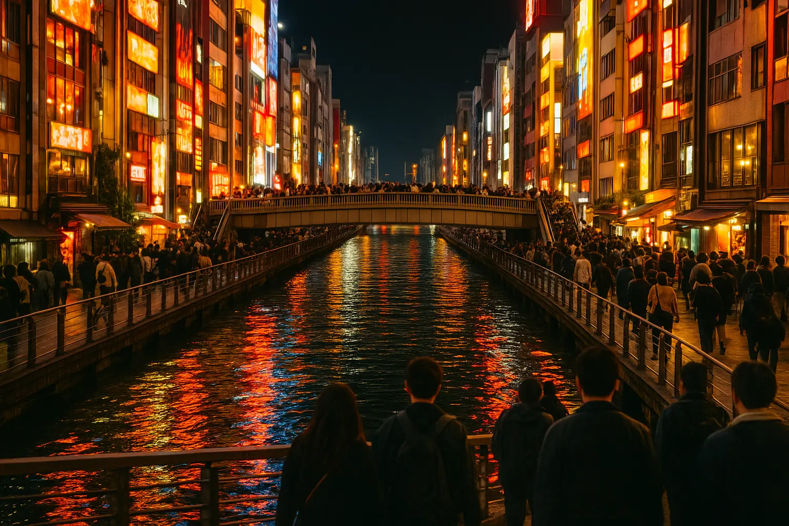 Canal de Dotonbori en Osaka de noche con carteles luminosos reflejados en el agua y gente paseando por el puente