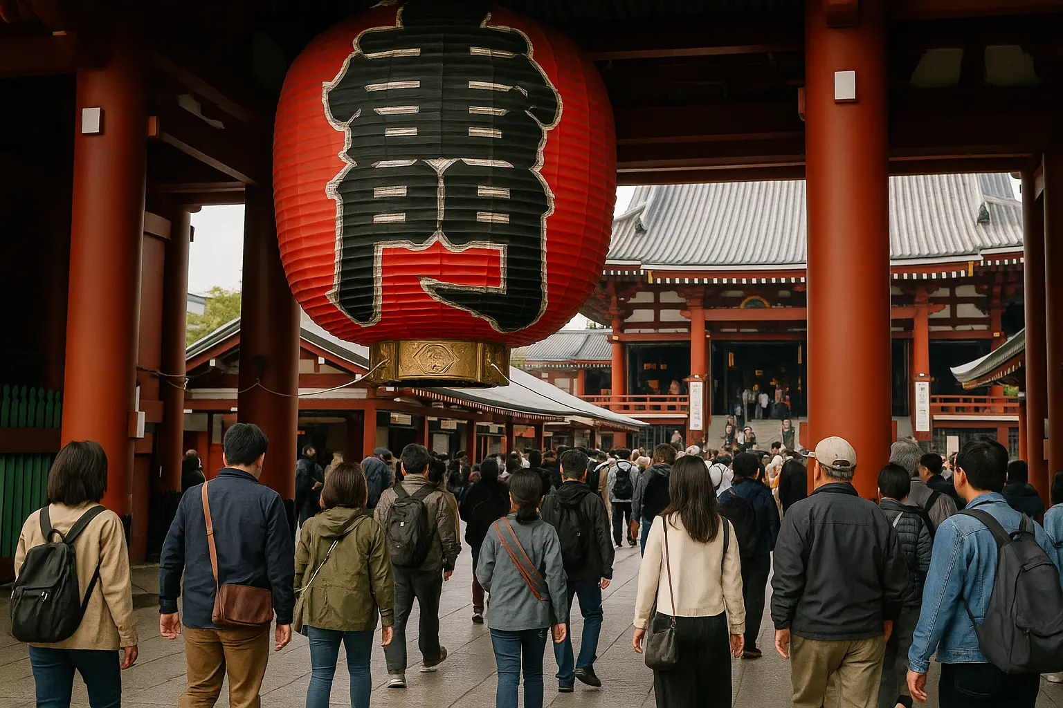 Templo Senso-ji de Asakusa en Tokio con visitantes y la gran linterna roja de la puerta Kaminarimon
