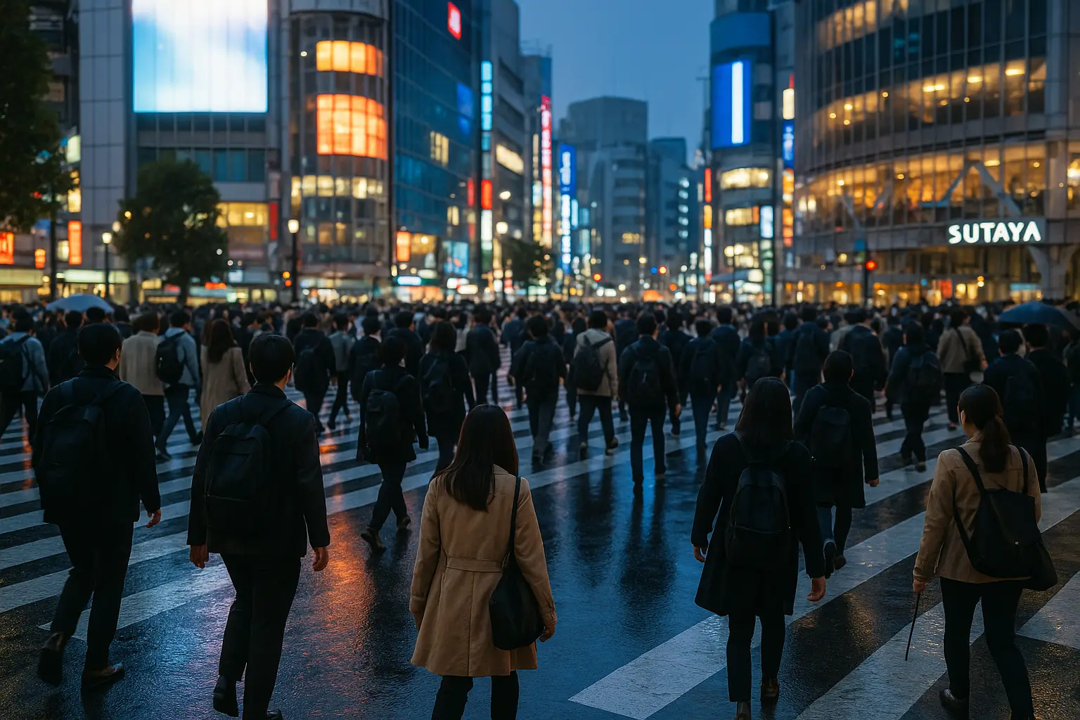 Cruce de Shibuya en Tokio lleno de gente al anochecer, con las pantallas de los edificios iluminadas