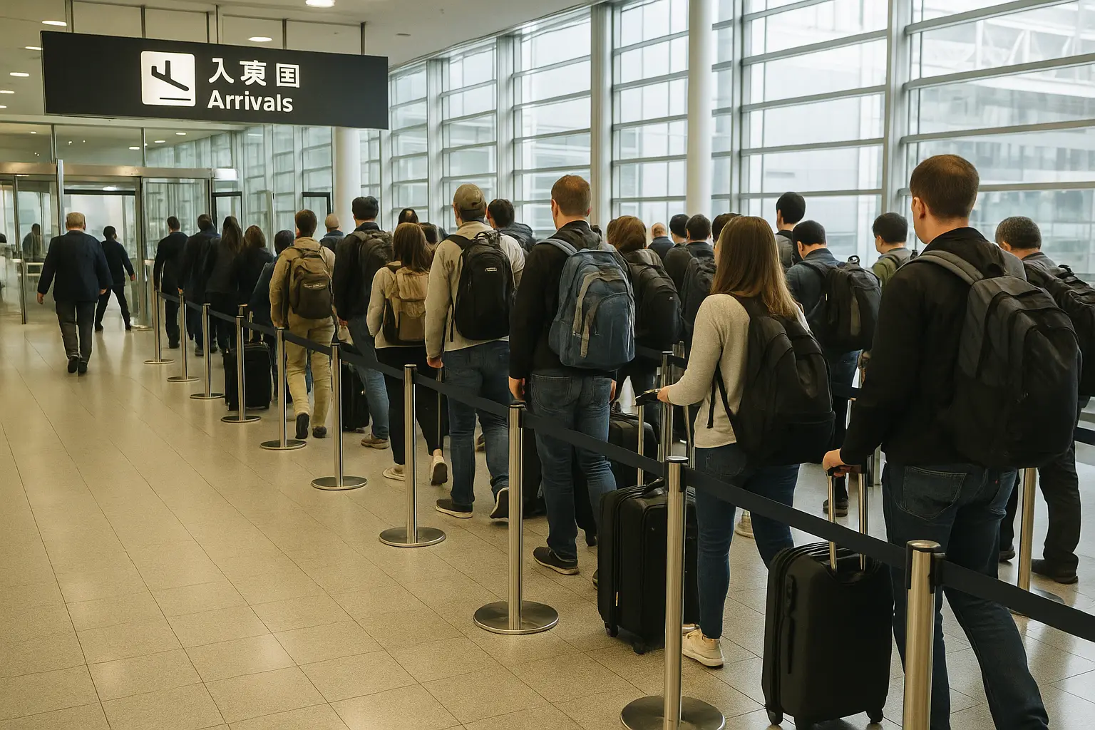 Viajeros haciendo cola para pasar los controles de inmigración en un aeropuerto de Japón