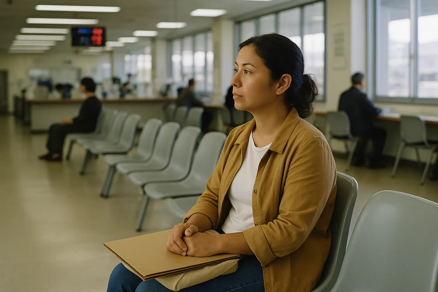 Persona revisando documentos de residencia frente a una oficina de inmigración en Japón