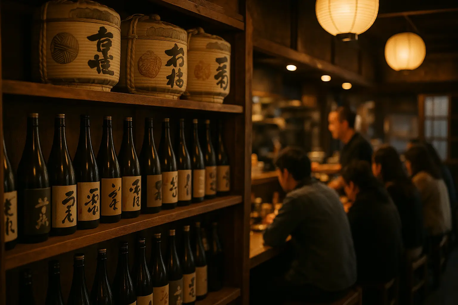 Barricas y botellas de sake en una taberna izakaya japonesa con clientes al fondo