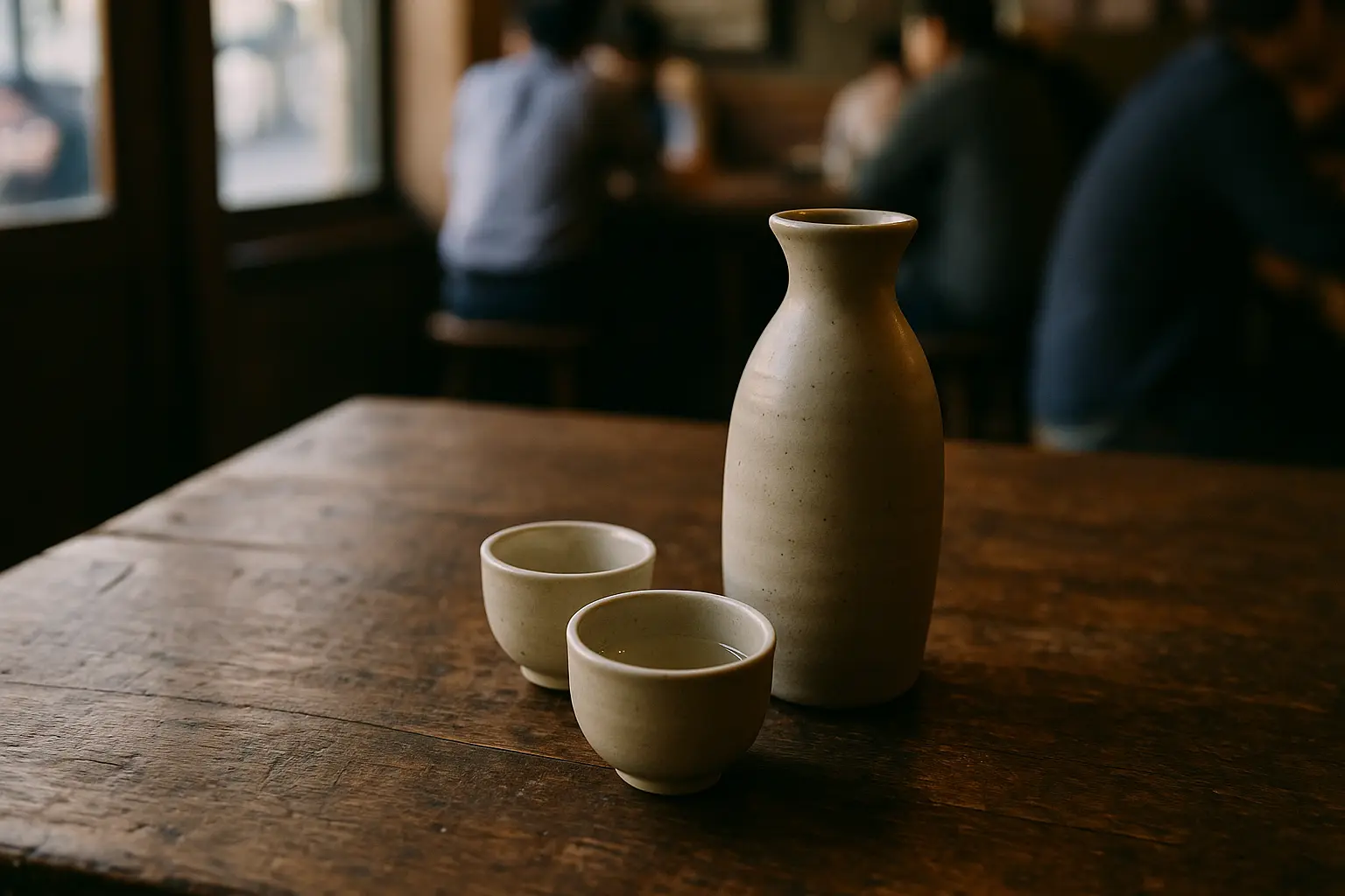 Set tradicional de sake con botella tokkuri y copitas ochoko sobre una mesa de madera