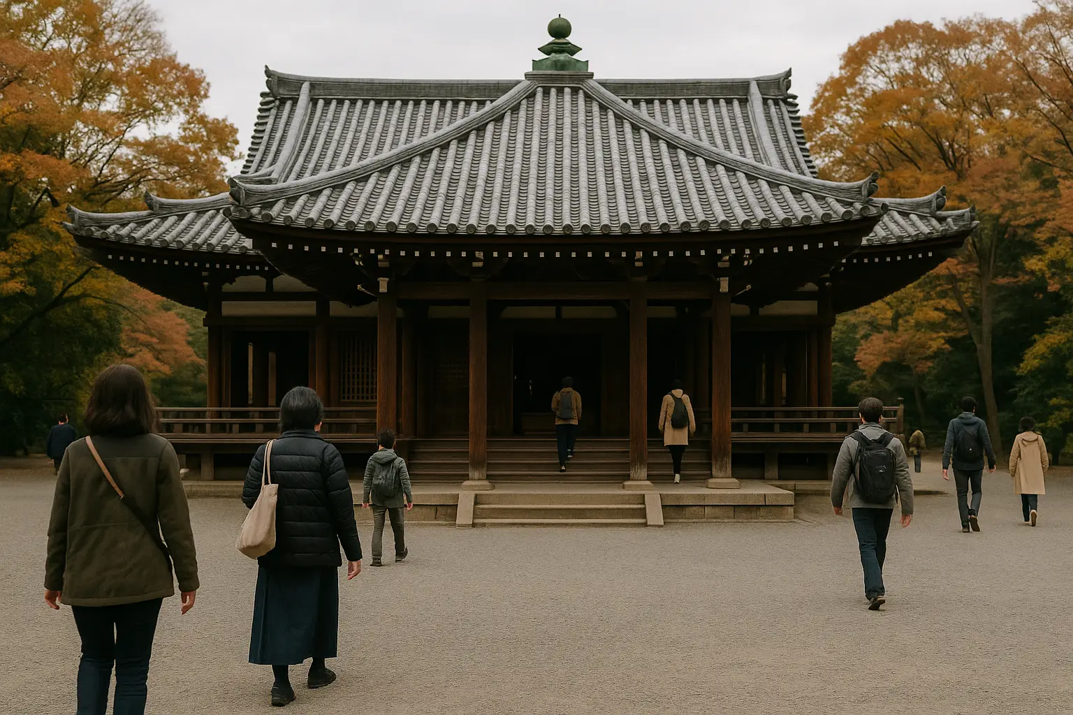 Pabellón de un templo budista japonés con tejado tradicional curvado y visitantes recorriendo el recinto