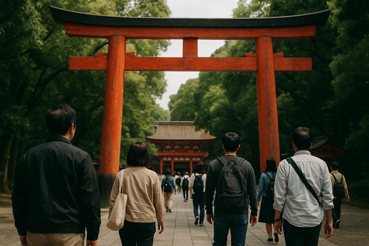 Torii rojo bermellón a la entrada de un santuario sintoísta japonés con visitantes acercándose por el camino