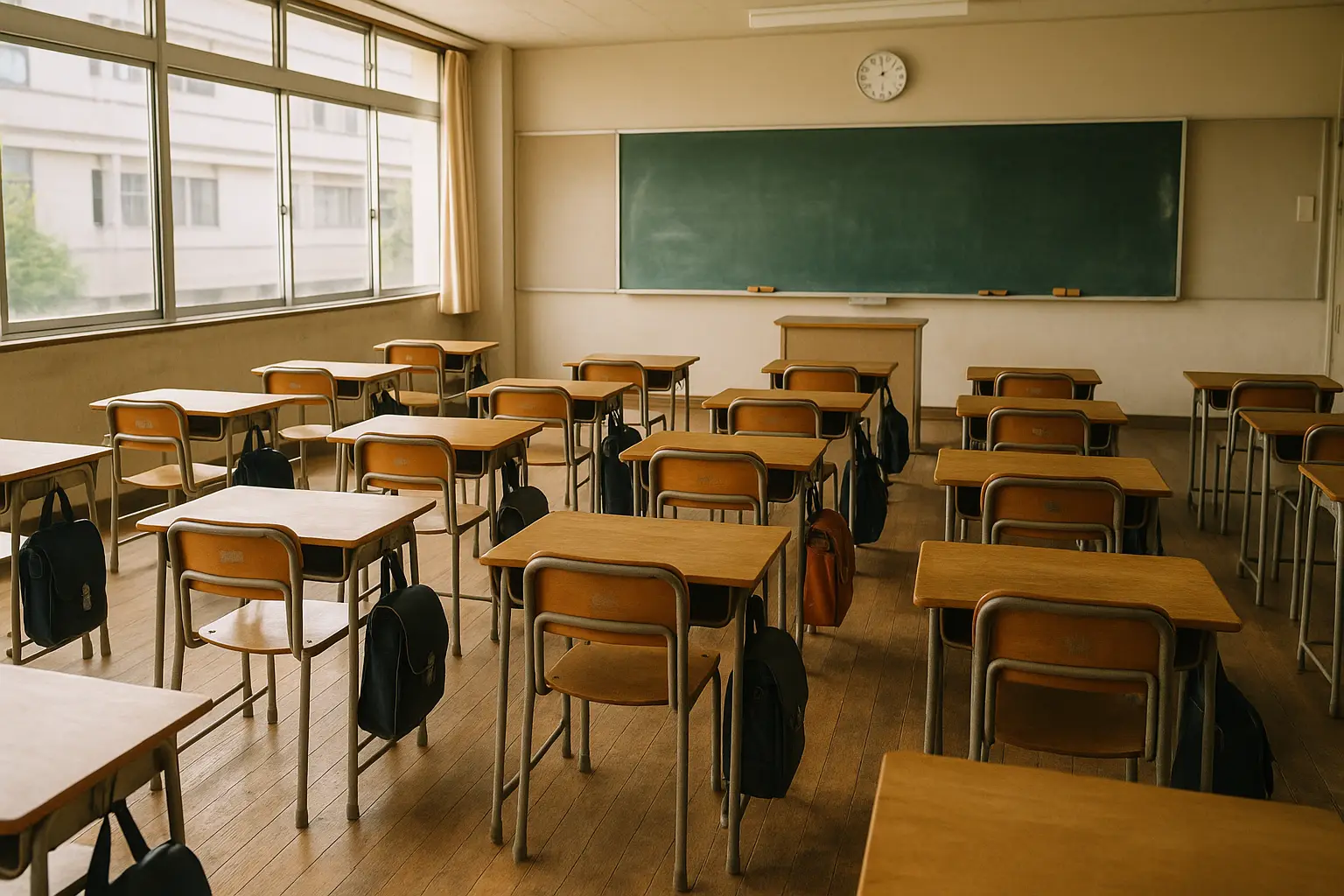 Aula japonesa ordenada con pupitres de madera alineados y mochilas en los respaldos