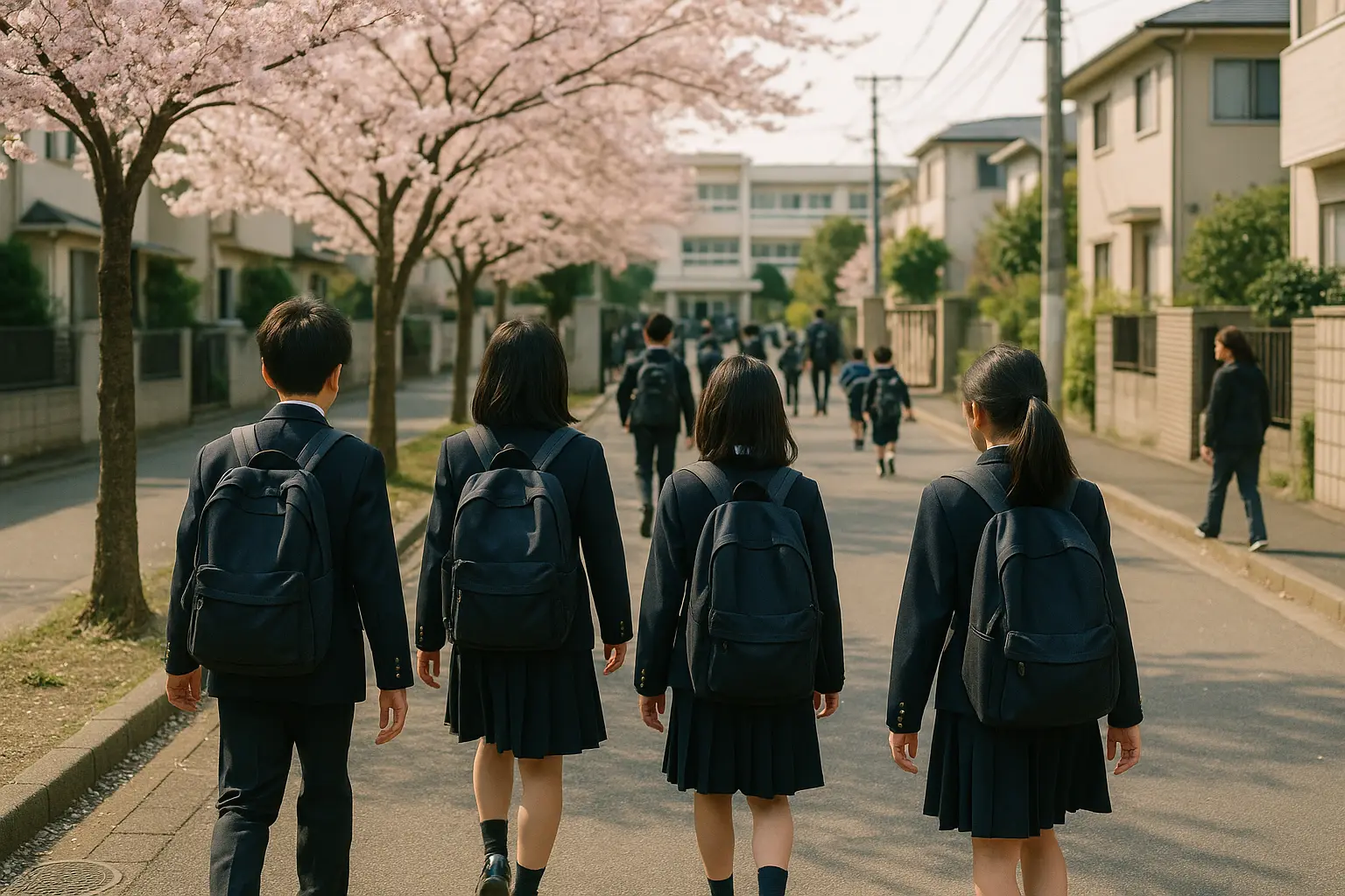 Estudiantes japoneses con uniforme escolar caminando de espaldas hacia la escuela por la mañana