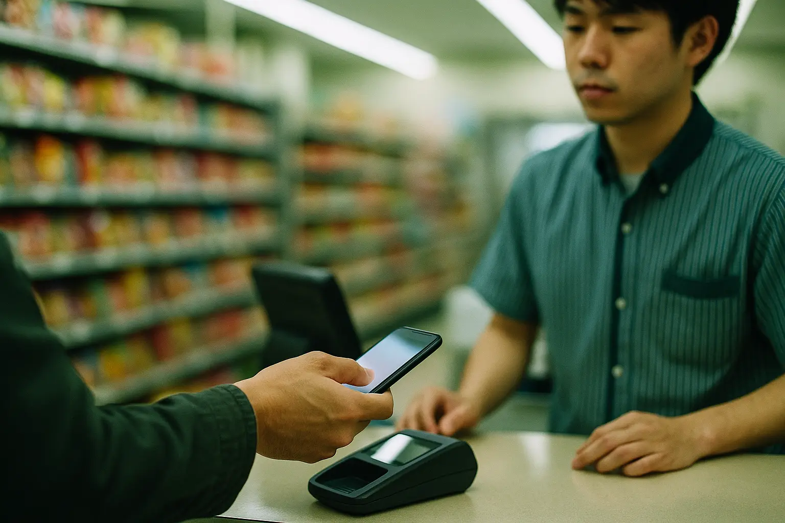 Cliente pagando con su celular en el mostrador de una tienda de conveniencia japonesa