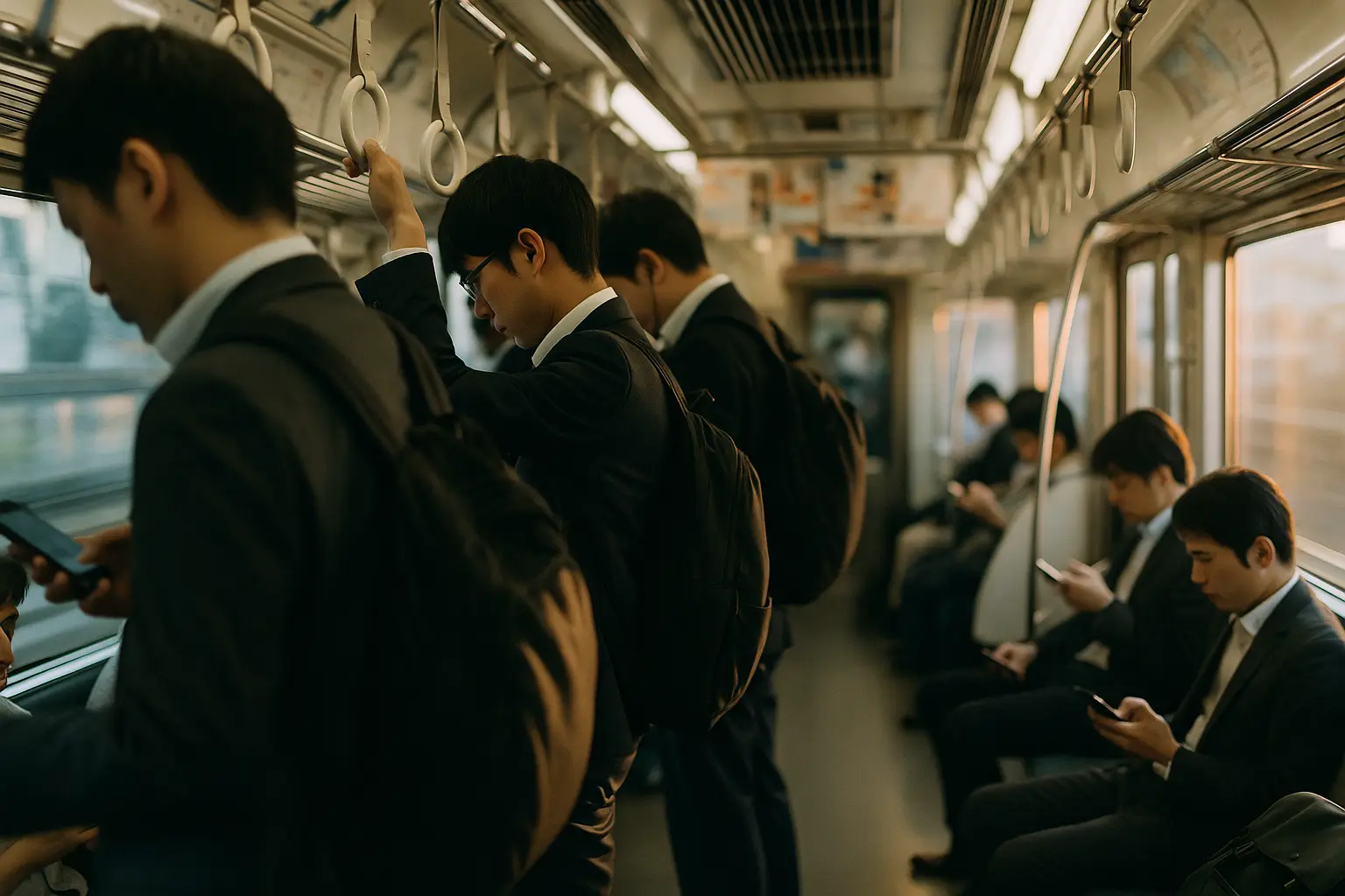 Pasajeros consultando sus celulares dentro de un vagón de tren en Tokio