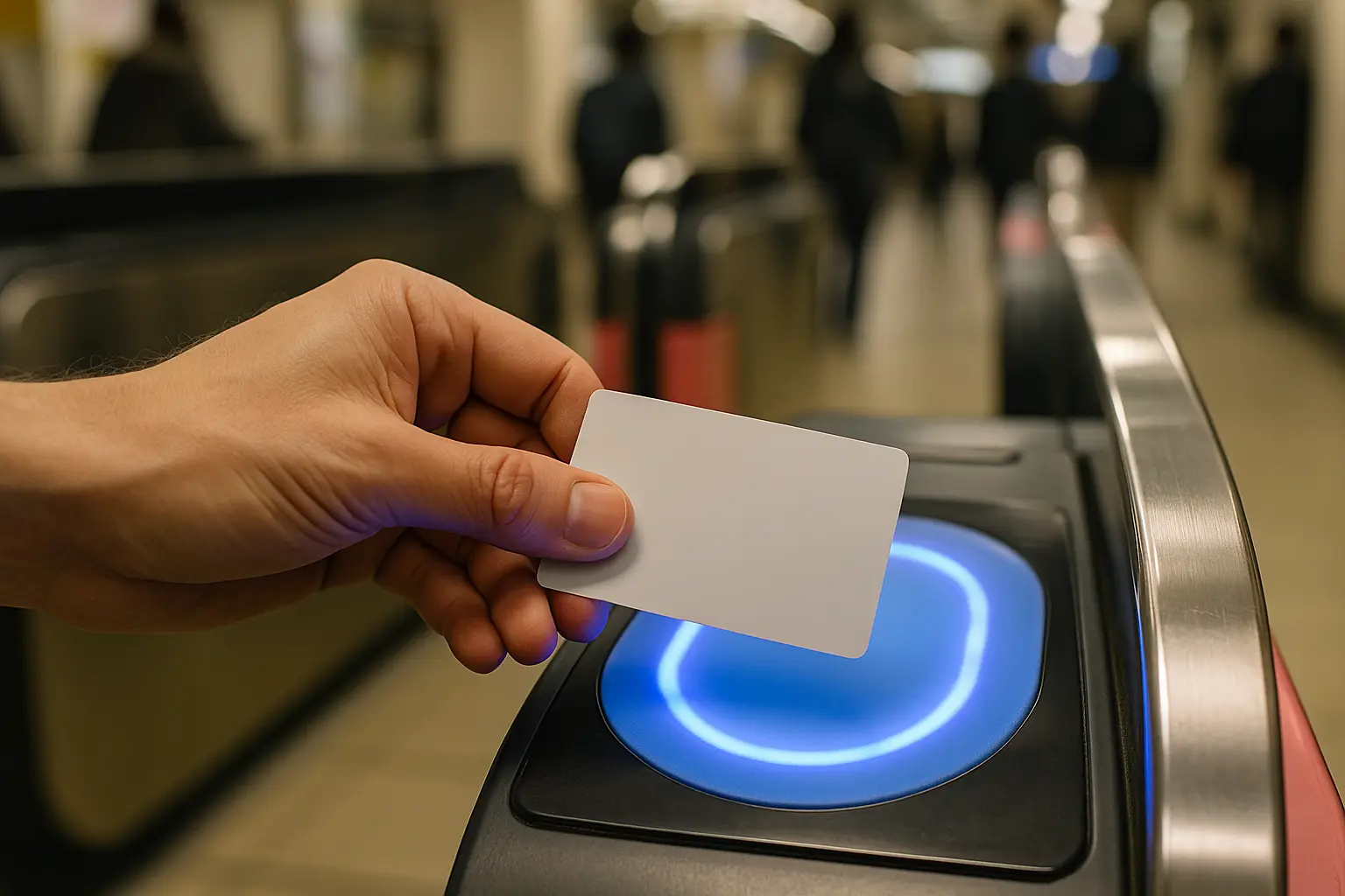 Tarjeta IC acercándose al lector azul de un torniquete del metro de Tokio
