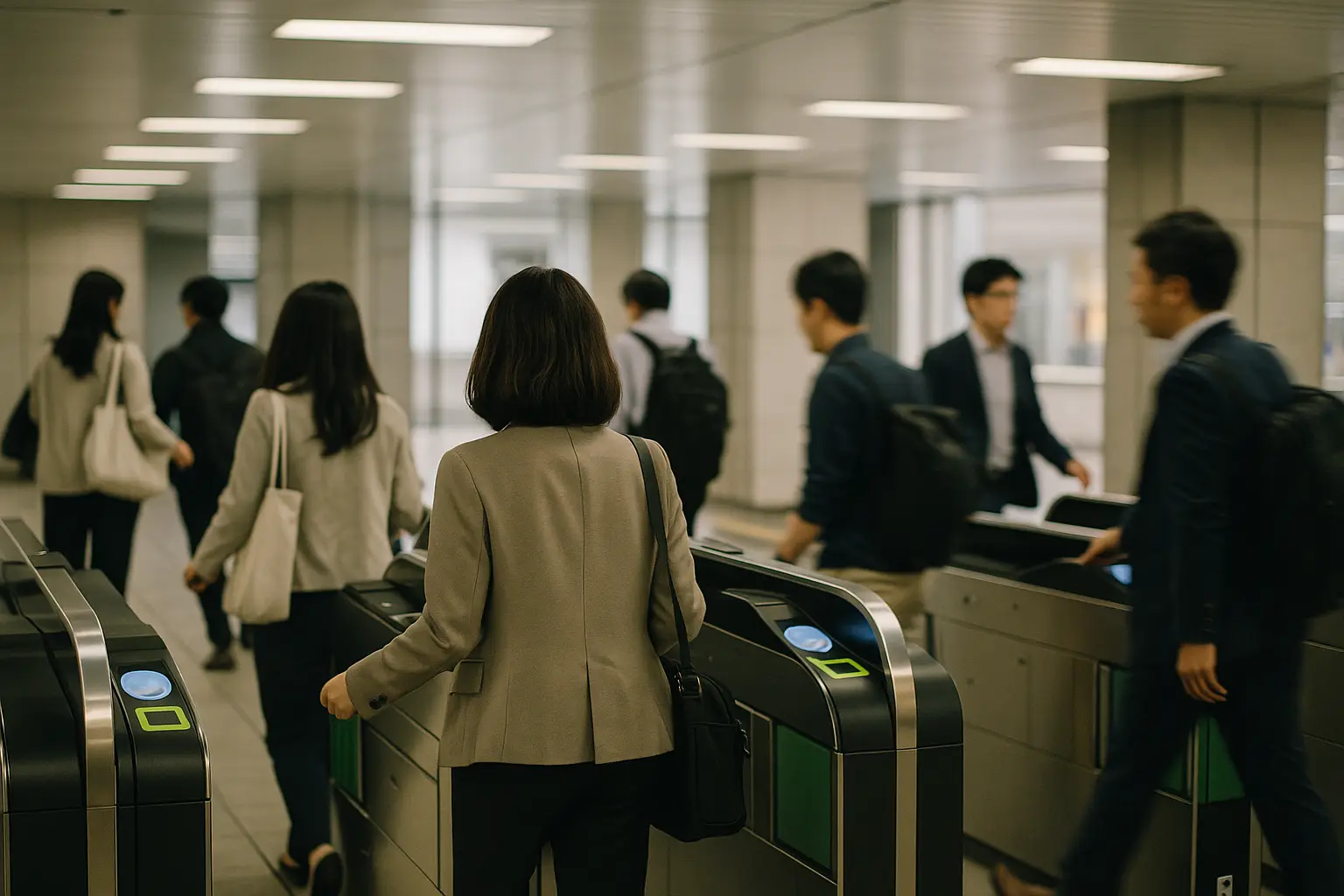 Pasajeros pasando por los torniquetes de una estación de metro en Tokio con sus tarjetas IC