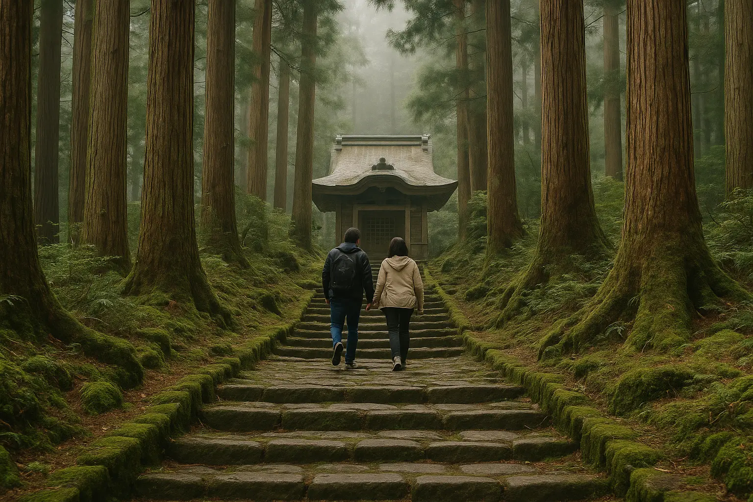 Santuario de montaña entre cedros altos con escaleras de piedra cubiertas de musgo en un bosque de Japón