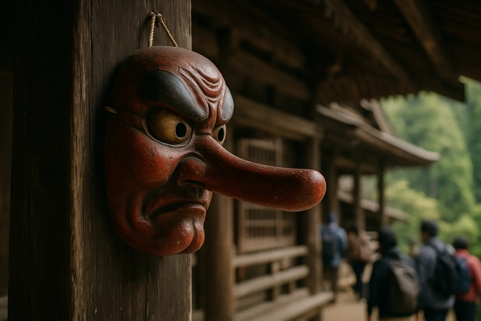 Máscara tradicional de tengu de cara roja y nariz larga colgada en un templo de montaña en Japón