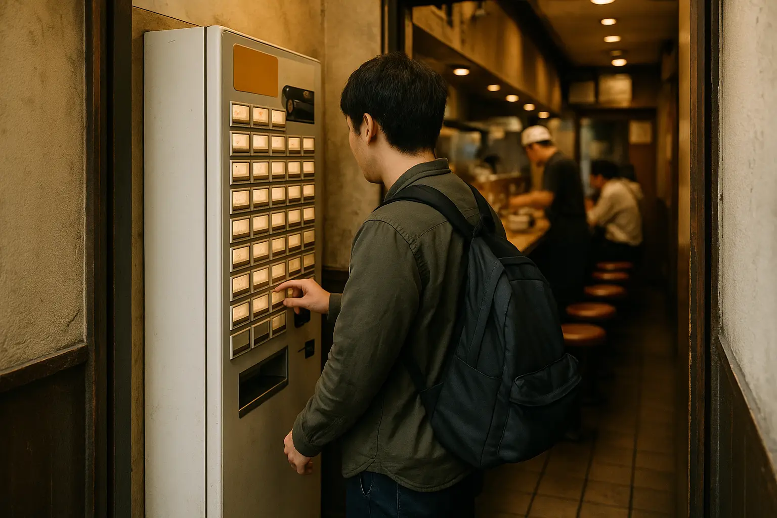 Cliente usando una máquina expendedora de tickets a la entrada de un restaurante de ramen en Japón