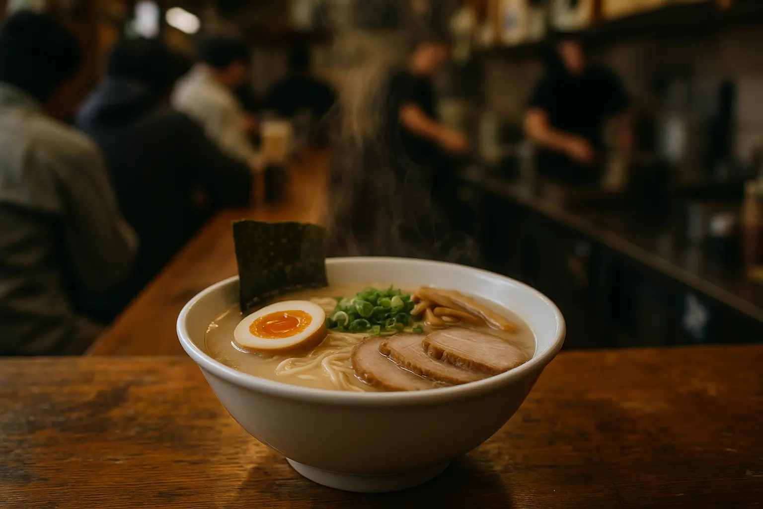 Tazón de ramen tonkotsu humeante con chashu, ajitama y nori en una barra de un restaurante japonés