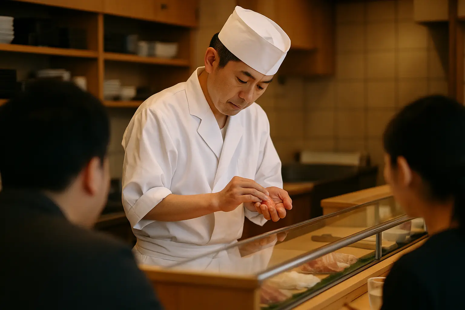 Chef de sushi preparando una pieza de nigiri tras la barra, frente a los comensales