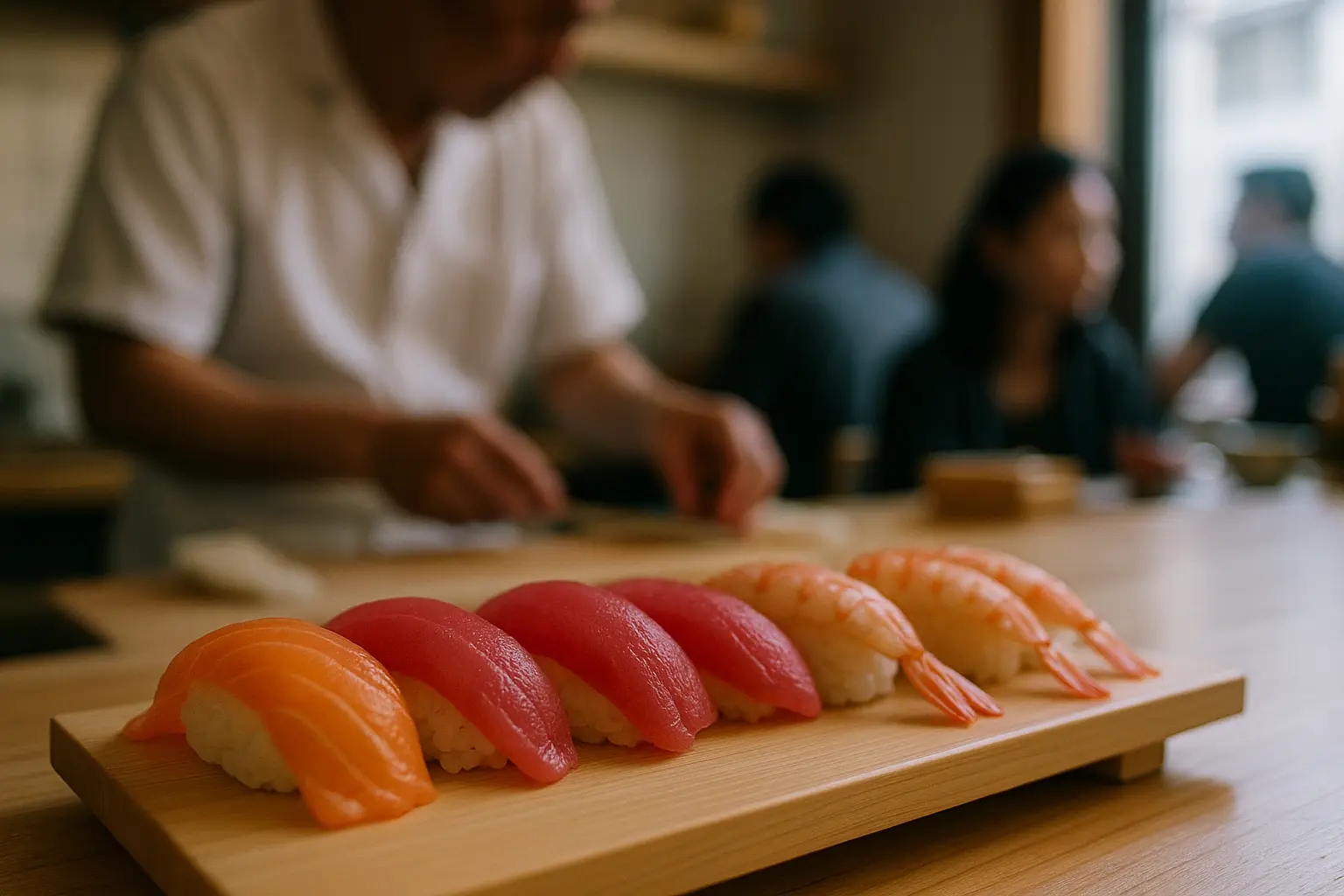 Surtido de nigiris variados servidos sobre un mostrador de barra de sushi en primer plano