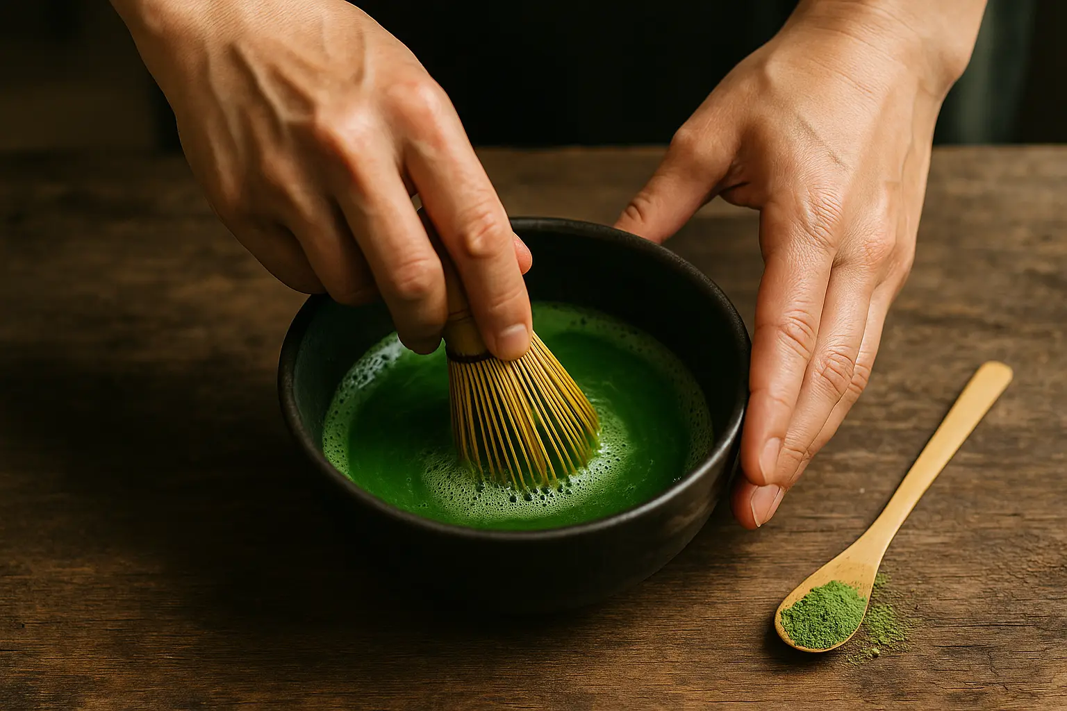 Persona batiendo matcha con un batidor de bambú chasen en un cuenco ancho sobre una mesa de madera
