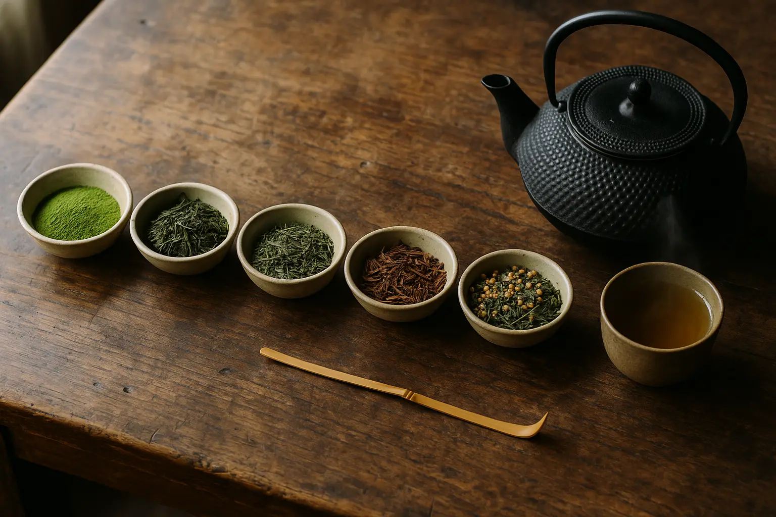 Seis variedades de té verde japonés en cuencos de cerámica sobre una mesa de madera, con hojas sueltas de sencha y polvo de matcha