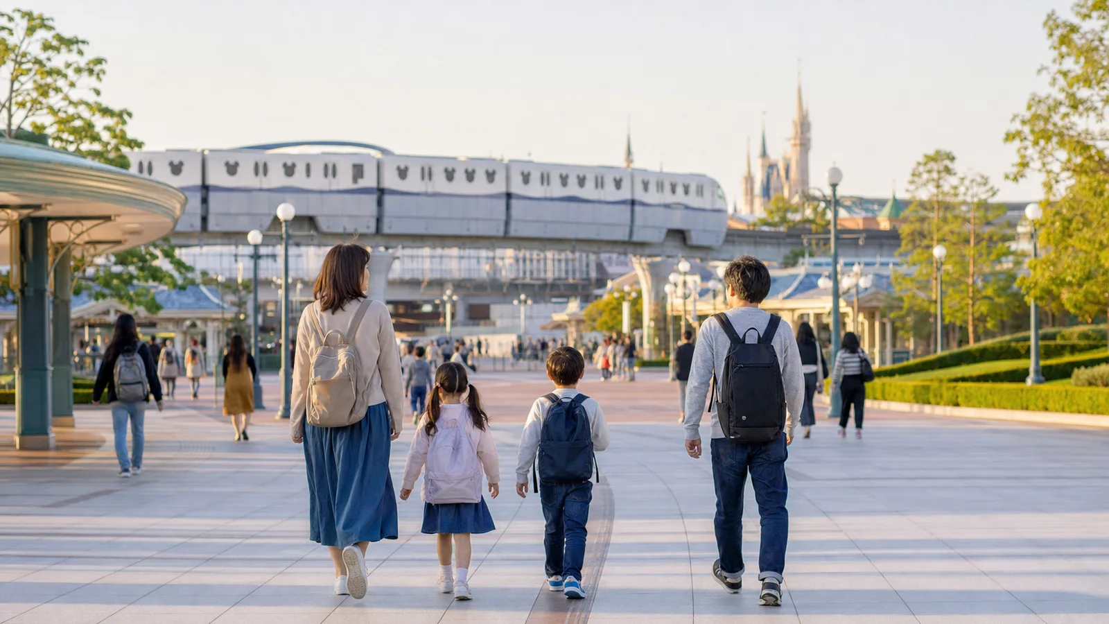 Familia caminando hacia un parque temático de la bahía de Tokio al amanecer