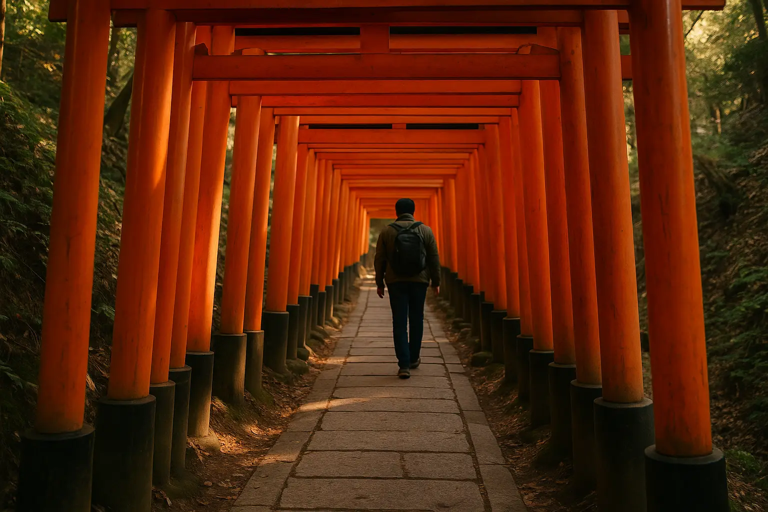 Sendero de toriis rojos consecutivos formando un túnel, con una persona caminando bajo ellos en Fushimi Inari