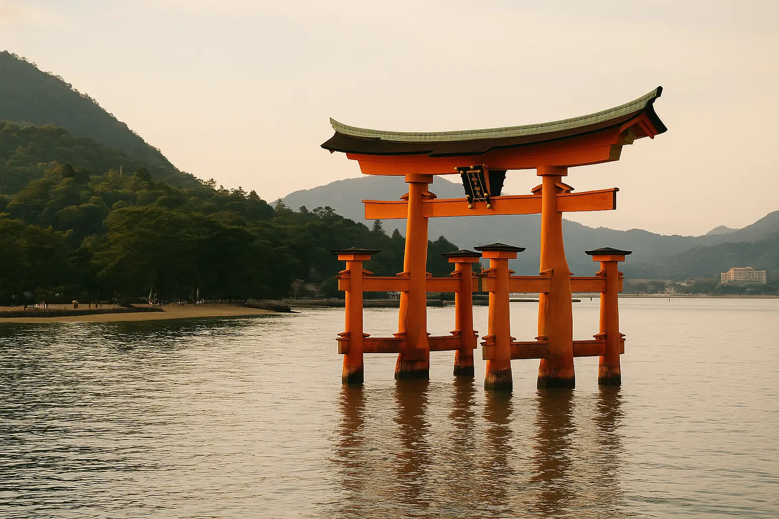Gran torii rojo de Itsukushima aparentemente flotando sobre el agua en marea alta, frente a la isla de Miyajima