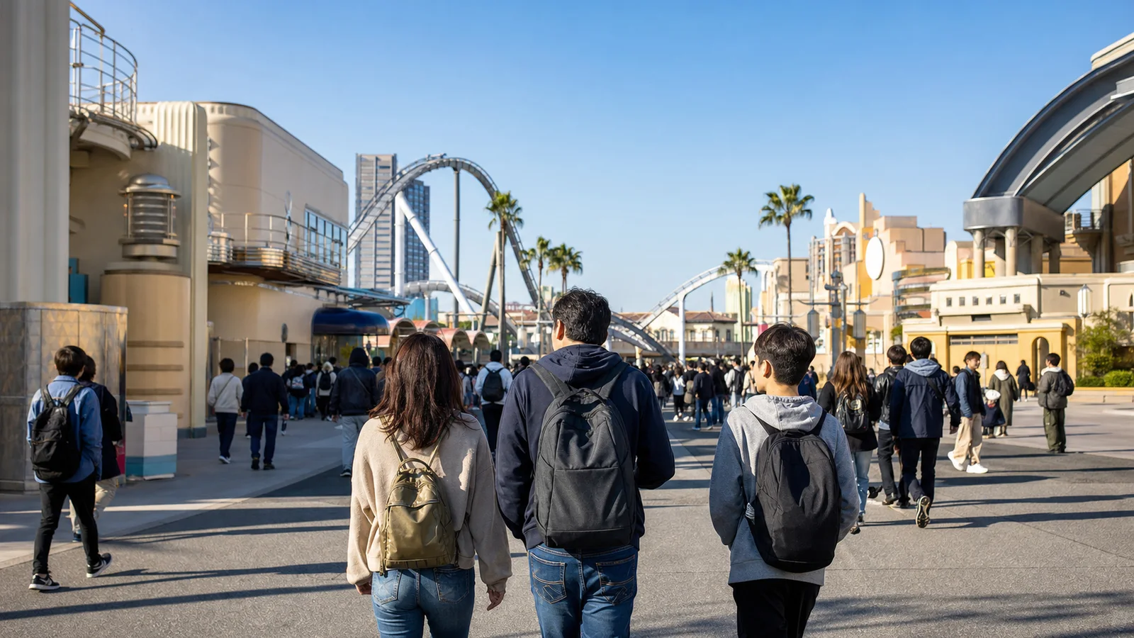 Visitantes entrando en un gran parque temático de Osaka con ambiente cinematográfico