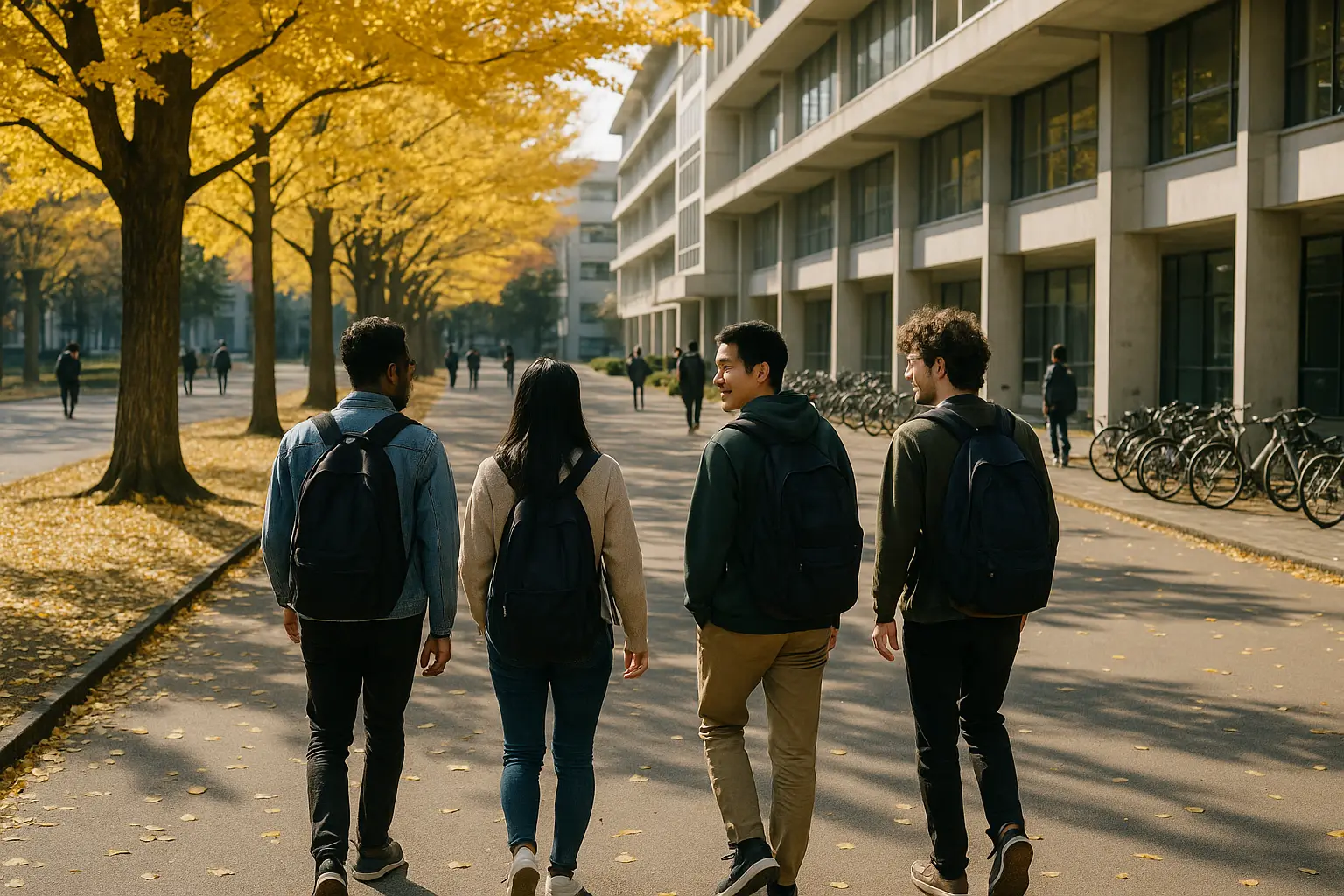 Estudiantes internacionales caminando por el campus de una universidad en Japón