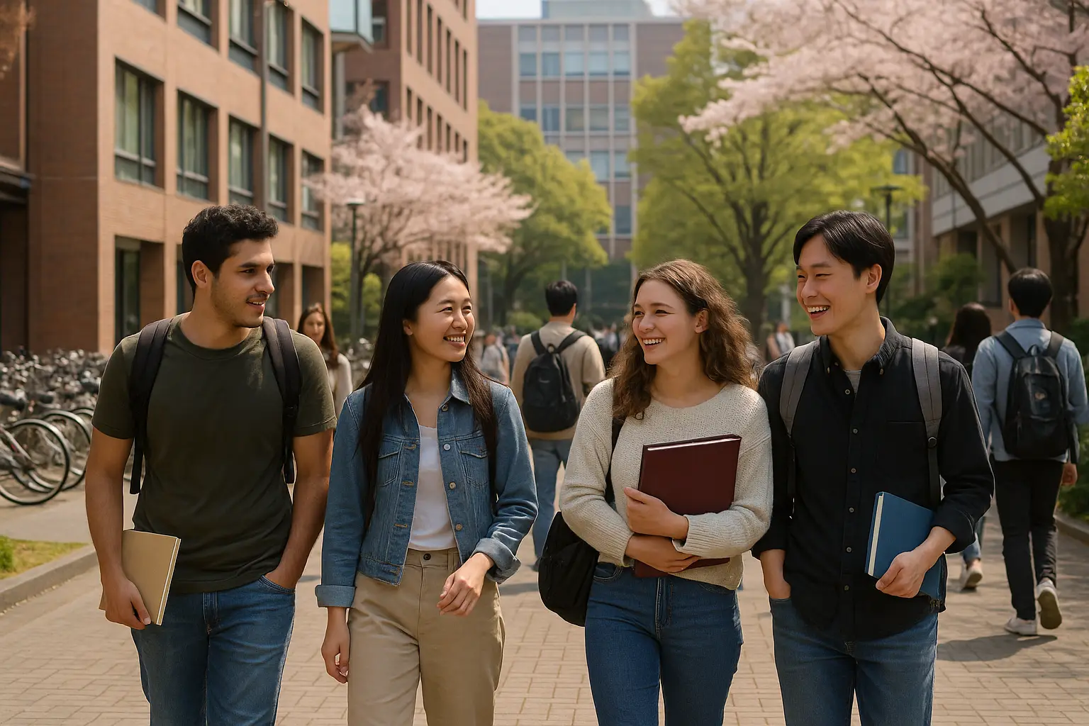 Estudiantes internacionales caminando por el campus de una universidad japonesa