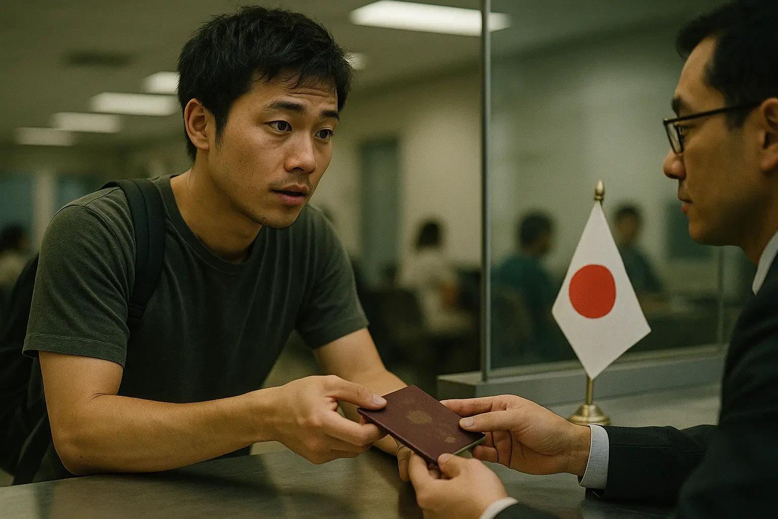 Estudiante entregando su pasaporte en la ventanilla de visados, con una bandera de Japón