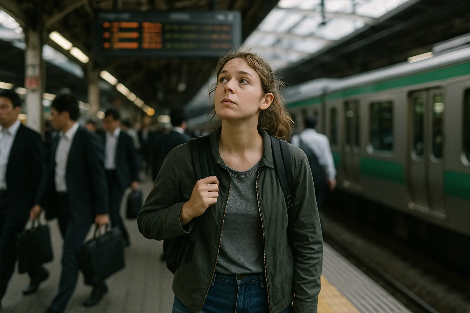 Joven con mochila frente a una estación de tren en Japón durante su Working Holiday